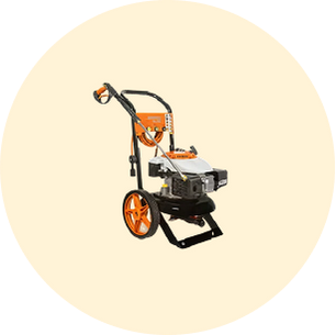 Compact gas-powered pressure washer with orange and black frame, large wheels, and integrated hose reel for outdoor cleaning tasks
